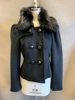 Womens, Coat, BEBE, Black, Acrylic, Polyester, S, Removable Black Faux Fur Collar, Double Breasted, Button Front, 2 Pockets, Belted Back