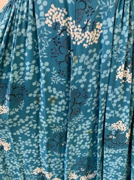 Womens, Dress, NL, Teal Blue, Lt Blue, White, Black, Synthetic, Floral, Leaves/Vines , W: 28, B: 32, V-N, Pleated Bust, Pleated at Waist, Wide Waistband, Cap Sleeves, Hem Below Knee, *Stained