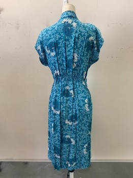 Womens, Dress, NL, Teal Blue, Lt Blue, White, Black, Synthetic, Floral, Leaves/Vines , W: 28, B: 32, V-N, Pleated Bust, Pleated at Waist, Wide Waistband, Cap Sleeves, Hem Below Knee, *Stained