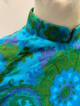 Womens, Dress, N/L, Turquoise Blue, Blue, Green, Purple, Silk, Floral, W:30, B:34, H:36, 3/4 Raglan Sleeves with Snap Closures at Shoulder, Indian Inspired Tunic Dress, Nehru Collar, Slits at Side Seams Up to Waist, **Stain on Chest