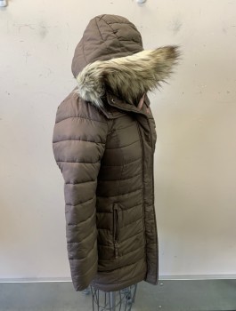 Childrens, Coat, ABERCROMBIE, Brown, Polyester, Acrylic, Solid, 13/14, Girls, Puffer, Cream Fleecy Lining, Gray Faux Fur Edge On Hood, Zip Front, 2 Zip Pockets