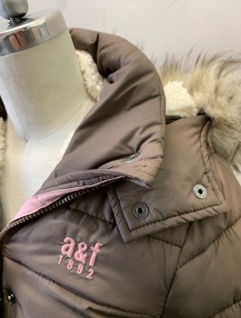 Childrens, Coat, ABERCROMBIE, Brown, Polyester, Acrylic, Solid, 13/14, Girls, Puffer, Cream Fleecy Lining, Gray Faux Fur Edge On Hood, Zip Front, 2 Zip Pockets