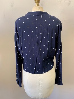 Womens, Blouse, RAILS, Navy Blue, White, Rayon, Polka Dots, XS, V-neck, Button Front, Cropped, Self Tie, Long Sleeves,
