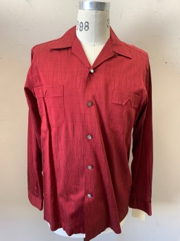 Mens, Shirt, N/L, Dk Red, Silk, Solid, M, Slubbed Silk, Long Sleeves, Button Front, Spread Collar, 2 Pockets,