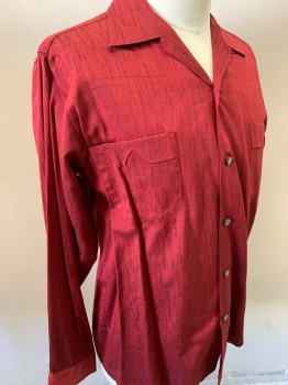 Mens, Shirt, N/L, Dk Red, Silk, Solid, M, Slubbed Silk, Long Sleeves, Button Front, Spread Collar, 2 Pockets,