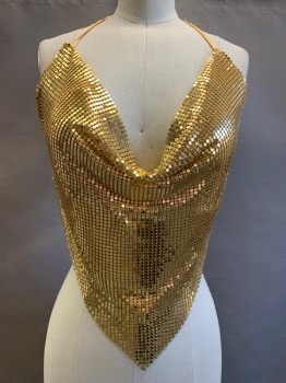 NO LABEL, Gold, Polyester, Metallic/Metal, Solid, Halter Top, Neck Drape, Linked Studs, Open Back with Tie