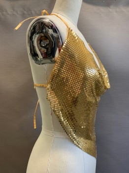 NO LABEL, Gold, Polyester, Metallic/Metal, Solid, Halter Top, Neck Drape, Linked Studs, Open Back with Tie