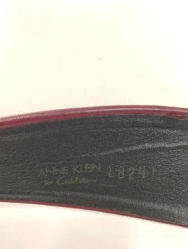 Womens, Belt, ANNE KLEIN, Maroon Red, Leather, Solid, W28-33, V Shaped, 2" Wide at Center, Thinner (1" Wide) at Ends, Self Buckle with Some Wear,