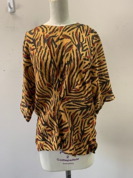 N/L, Gold, Black, Dk Red, Silk, Abstract , Round Neck, Bttn. Back, S/S, Pleated Bust, Gold Tinsel Stripes
