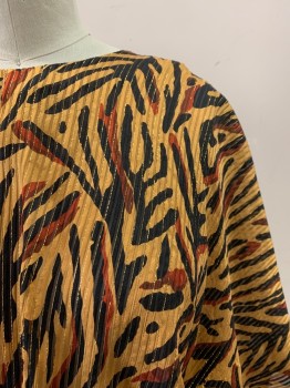 Womens, Blouse, N/L, Gold, Black, Dk Red, Silk, Abstract , W36, B44, Round Neck, Bttn. Back, S/S, Pleated Bust, Gold Tinsel Stripes