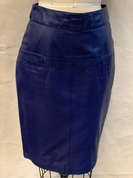 Womens, Skirt, PIA RUCCI, Royal Blue, Leather, Solid, H 36, W 26, Waist Band, 2 Pckts Hidden In Vertical Front Seams, Back Zip, Back Vent, Hem Below Knee