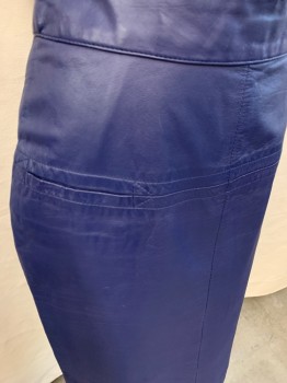 Womens, Skirt, PIA RUCCI, Royal Blue, Leather, Solid, H 36, W 26, Waist Band, 2 Pckts Hidden In Vertical Front Seams, Back Zip, Back Vent, Hem Below Knee