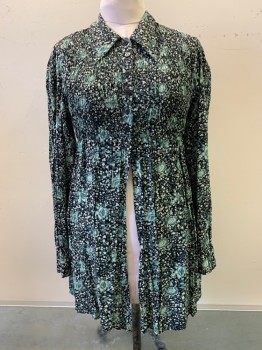 Womens, Dress, Long & 3/4 Sleeve, ULTRA PINK, Black, Sea Foam Green, Teal Blue, Rayon, Floral, B36, L/S, C.A., 6 Buttons, Scrunched Chest & Waist, Open Front