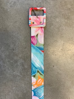 Womens, 1990s Vintage, Belt, S.L. PETITES, Blue, Multi-color, Polyester, Rayon, Floral, W29, Covered Buckle, Light Purple, Pink, Orange, and Red Flowers