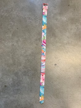 Womens, 1990s Vintage, Belt, S.L. PETITES, Blue, Multi-color, Polyester, Rayon, Floral, W29, Covered Buckle, Light Purple, Pink, Orange, and Red Flowers