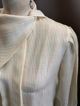 PAT MARSH, Ivory White, Multi-color, Polyester, Stripes, 3/4 Sleeves, Button Front, Asymmetrical Collar With Handkerchief Fold