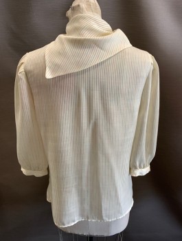 PAT MARSH, Ivory White, Multi-color, Polyester, Stripes, 3/4 Sleeves, Button Front, Asymmetrical Collar With Handkerchief Fold