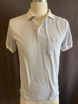 SOUTH BAY, White, Lt Blue, Cotton, Stripes, Color Blocking, S/S, 3 Buttons, Chest Pocket, Rib Knit Cuffs And Collar **Stain On Front