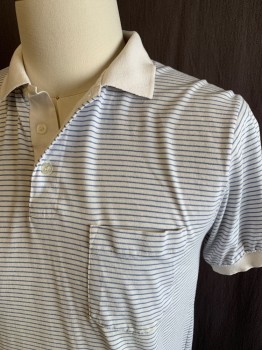 Mens, Polo Shirt, SOUTH BAY, White, Lt Blue, Cotton, Stripes, Color Blocking, C36, S/S, 3 Buttons, Chest Pocket, Rib Knit Cuffs And Collar **Stain On Front