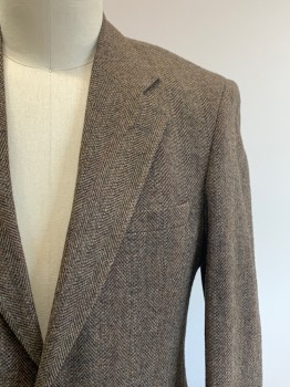 Mens, Jacket, AMERICAN TREND, Lt Brown, Black, Blue, Coral Orange, Wool, Herringbone, 42R, Sportcoat, 2 Buttons, Single Breasted, Notched Lapel, 3 Pockets, CB Vent