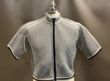 JAMES LONG, White, Black, Synthetic, Circles, Stand Collar, Perforated Mesh, Zip Front, Raglan S/S, 2 Pckts, White Piping, MULTIPLES