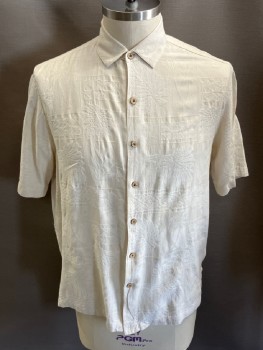 Mens, Hawaiian Shirt, CARIBBEAN, Beige, Off White, Silk, Cotton, Tropical , Geometric, L, Jacquard, C.A., B.F.,  Wood Btns, Side Slits, S/S