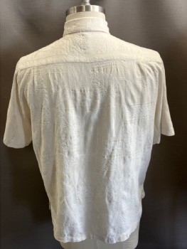 Mens, Hawaiian Shirt, CARIBBEAN, Beige, Off White, Silk, Cotton, Tropical , Geometric, L, Jacquard, C.A., B.F.,  Wood Btns, Side Slits, S/S