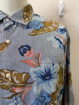 Mens, Casual Shirt, TOMMY BAHAMAS, Gray, Multi-color, Cotton, Floral, Hawaiian Print, XXL, C.A., Button Front, L/S, 1 Pocket, Blue and Pink Floral Print with Green Leaves