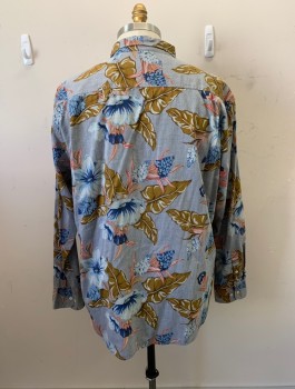 Mens, Casual Shirt, TOMMY BAHAMAS, Gray, Multi-color, Cotton, Floral, Hawaiian Print, XXL, C.A., Button Front, L/S, 1 Pocket, Blue and Pink Floral Print with Green Leaves