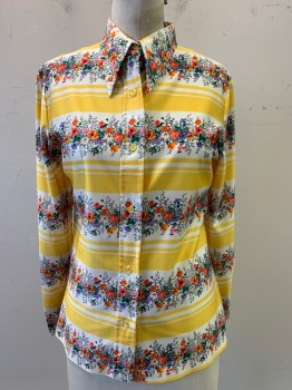 Womens, Blouse, Loubella, Yellow, Off White, Assorted Colors, Nylon, Floral, Stripes - Horizontal , B34, L/S, C.A., Button Front,