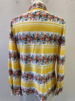 Womens, Blouse, Loubella, Yellow, Off White, Assorted Colors, Nylon, Floral, Stripes - Horizontal , B34, L/S, C.A., Button Front,