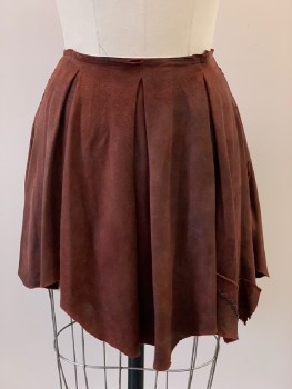NO LABEL, Burnt Umber Brn, Brick Red, Suede, Polyester, Patchwork, Above Knee Length Skirt, Pleated, Stitch Detail, Back Zip, Made To Order