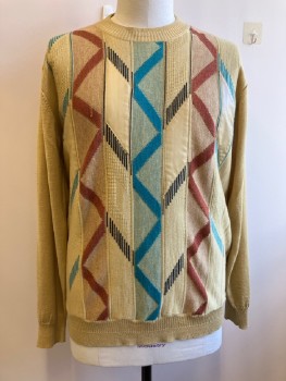 Mens, Sweater, FALCONE, Gold, Turquoise Blue, Brown, Acrylic, Wool, Zig-Zag , Stripes - Vertical , XL, CN, L/S, Knit, Leather Patches