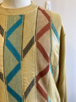 FALCONE, Gold, Turquoise Blue, Brown, Acrylic, Wool, Zig-Zag , Stripes - Vertical , CN, L/S, Knit, Leather Patches