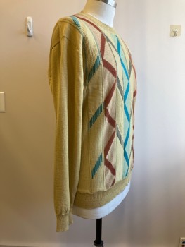 Mens, Sweater, FALCONE, Gold, Turquoise Blue, Brown, Acrylic, Wool, Zig-Zag , Stripes - Vertical , XL, CN, L/S, Knit, Leather Patches