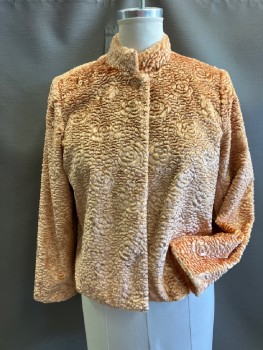 Womens, Jacket, DRAPER'S & DAMON'S, B:38, L, Peach Faux Mongolian Lamb with Embossed Rose Pattern, Stand Collar, 1 Btn At Neck, L/S, Lined