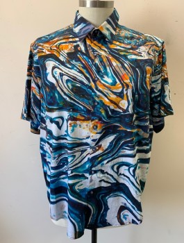 Mens, Casual Shirt, ROBERT GRAHAM, Multi-color, Turquoise Blue, White, Orange, Cotton, Abstract , 1XL, Liquid Swirls Print, S/S, Button Front, Collar Attached,