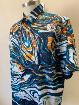 ROBERT GRAHAM, Multi-color, Turquoise Blue, White, Orange, Cotton, Abstract , Liquid Swirls Print, S/S, Button Front, Collar Attached,