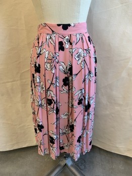Womens, Skirt, Below Knee, WHO WHAT WEAR, Pink, White, Black, Polyester, Floral, 4, Pleated, Zip Side