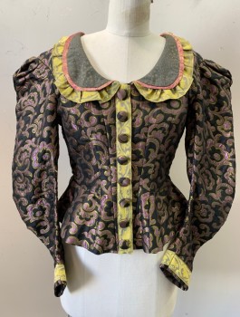 Womens, Historical Fiction Bodice, N/L MTO, Black, Lavender Purple, Chartreuse Green, Polyester, Swirl , W:30, B:36, Brocade, Long Leg O'Mutton Sleeves, Round Collar, Fabric Covered Buttons, Chartreuse Trim, Made To Order