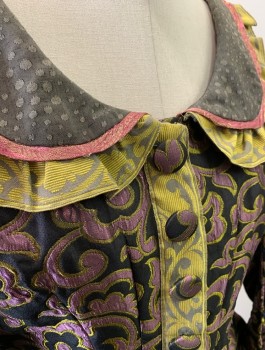 Womens, Historical Fiction Bodice, N/L MTO, Black, Lavender Purple, Chartreuse Green, Polyester, Swirl , W:30, B:36, Brocade, Long Leg O'Mutton Sleeves, Round Collar, Fabric Covered Buttons, Chartreuse Trim, Made To Order