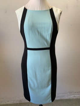 Womens, Dress, Sleeveless, CONNECTED APPAREL, Black, Lt Blue, White, Polyester, Spandex, Color Blocking, Sz.10, Stretch Crepe, Sides and Back are Black, with Light Blue Rectangular Panels at Center, White Around Shoulders/Armholes, Fitted, 1" Wide Black Strip at Waist, Knee Length, Invisible Zipper in Back