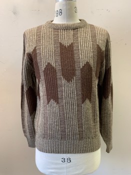 NO LABEL, Beige, Dk Brown, Wool, 2 Color Weave, Abstract , Pullover Sweater, L/S, Crew Neck, Ribbed