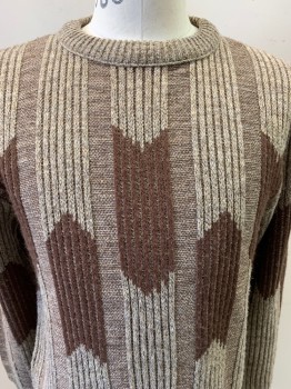 NO LABEL, Beige, Dk Brown, Wool, 2 Color Weave, Abstract , Pullover Sweater, L/S, Crew Neck, Ribbed