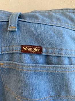 Mens, Jeans, WRANGLER, Denim Blue, Cotton, Polyester, Solid, Ins:30, W:40, Light Blue Faded, Classic Ranch/Cowboy Cut, Zip Fly, Tan Top Stitching, 4 Pockets, Belt Loops