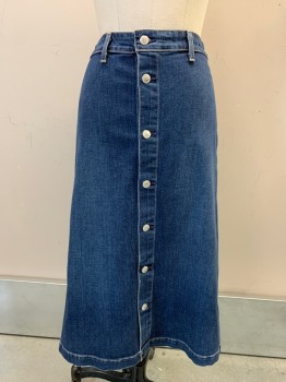 Womens, Skirt, Below Knee, Alexa Chung, Denim Blue, Cotton, Solid, 30w, S/S, Button Front, Belt Loops