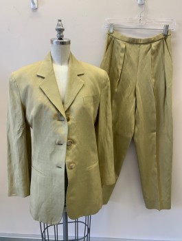 Womens, 1990s Vintage, Suit, Jacket, DONNA KARAN, Tan Brown, Silk, Linen, Solid, B34, 2, W26, 3 Bttns, Single Breasted, Notched Lapel, 3 Pckts,