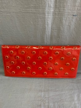Womens, Purse, Maxies, Red, Gold, Patent Leather, Silk, Polka Dots, Rectangular Clutch, Gold tone Studs with Red Patent in Center of Stud, Attached Coin Purse