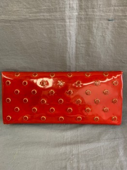 Maxies, Red, Gold, Patent Leather, Silk, Polka Dots, Rectangular Clutch, Gold tone Studs with Red Patent in Center of Stud, Attached Coin Purse