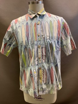 Mens, Casual Shirt, KAHALA, Baby Blue, Blue, Lime Green, Off White, Rust Orange, Cotton, Hawaiian Print, L, S/S, Button Front, Collar Attached, Chest Pocket